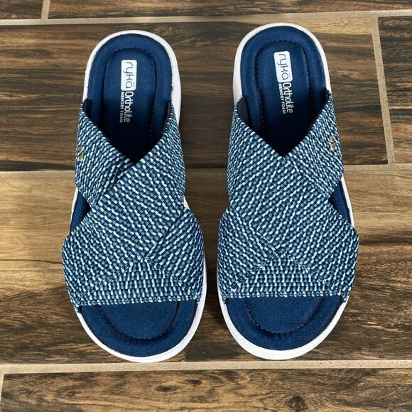 Ryka Nadine Womens Size 8 Shoes Navy Blue Stretch Cross Strap Wedge Slide Sandal - Picture 13 of 14